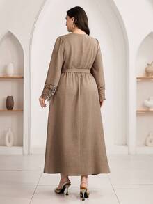 Veilorie فستان نسائي أنيق بأكمام طويلة بطراز تركي مطرز بلون أحادي مع حزام، مهيب - بني - مشاهدة 4