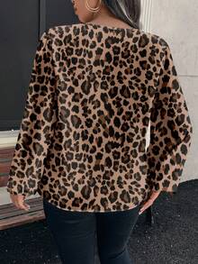 EMERY ROSE Plus Size Elegant Brown Leopard Print Full Pattern Women's Long Lantern Sleeve Blouse,Autumn Formal Vintage Minimalist Style Versatile Top - Multicolor - View 2