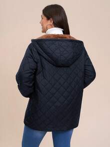 SHEIN LUNE Plus Size Quilted Cotton Padded Hooded Jacket, Casual & Warm For Autumn/Winter - Royal Blue - View 7