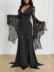 Coolane Women's Summer  Y2K Goth Chic Rave Outfit Lace Stretchy Comfortable Halloween Outfits Witch Dark Style Batwing Sleeve Maxi Black Dress - Black - View 2