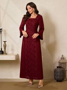 Al Najma Robe élégante de style arabe avec col carré, manches évasées, taille nouée sur le côté et motif floral jacquard pour femmes