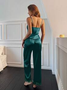 Aloruh Women's Solid Color Lace Patchwork Cami Top & Pants Pajamas Set - Dark Green - View 3