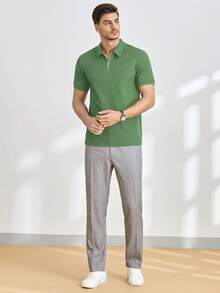 Manfinity VCAY 纯色插肩休闲半拉链领针织短袖 Polo 衫 男士高尔夫球衫 男士 T 领 T 恤 男士 Polo 衫 拉链 Polo 衫 - 綠色 - 查看 7