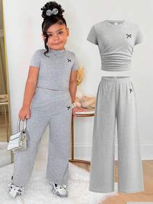SHEIN 2pcs/Set Girls' Bow Print Knit Casual Matching Set, Fashionable Streetwear - Grey - View 6