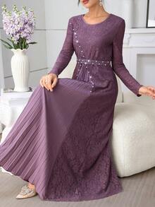 Al Najma Elegant pärlprydd långärmad turkisk och arabisk traditionell maxiklänning för kvinnor - Blåröd - Visa 7