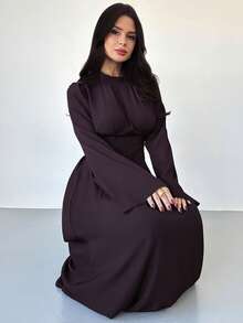 Firerie Women's Elegant Solid Color Pullover Short Sleeve Minimalist Loose Fit Spring/Summer Dress With Bow Tie Back Design, Versatile For Office And Commute,Fashion New Year, Valentine's Day, Party, Spring,Autumn/Winter Burgundy,Spring Dress,New Year, Valentine's Day, Party, Spring Ball,Valentine's Day,Valentine Outfits For Women