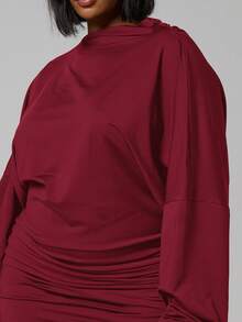 MUSERA Vestido mini ajustado con cuello de embudo, manga larga y fruncido, para salir, fiestas, vacaciones y verano, talla grande - Burdeos - Ver 2