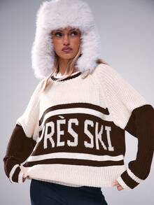 Musera Sport Thick Knit Oversized Slogan Jumper, Y2K 90's Casual Cute Active Ski Club Snow Comfy Airport Holiday Fall Autumn Winter Everyday Office   Chic Sweater - Brown - View 1