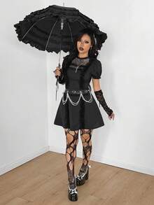 Coolane Dam höst/vinter all-säsong Y2K goth chic rave outfit spets stretchig bekväm rave outfit hög hals puffärm svart kort klänning - Svart - Visa 5