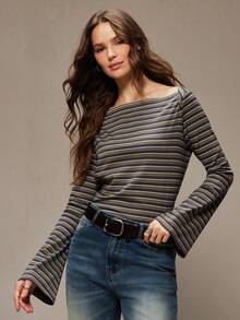 WESTFADE Striped Rib-Knit Envelope Neck Long Bell Sleeve Relaxed Fit Top Winter, Boho, Western Wear, Holiday, Christmas, NYE, New Year, Nashville Cowgirl, Casual, Cute - Multicolor - View 5