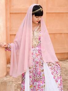 SHEIN Váy in hoa cho bé gái với thiết kế cổ chữ V đính cườm, kèm khăn choàng voan nhẹ, thanh lịch và thoải mái, phù hợp với tháng Ramadan, Abaya, Jalabiya và trang phục truyền thống của người Ả Rập - Nhiều màu - Xem 7