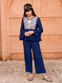 Tween Girl Spring/Autumn Vacation Style Woven Strap Decor Tassel V-Neck Flare Sleeve Peplum Top & Wide Leg Pants Set Abaya - Blue - View 5