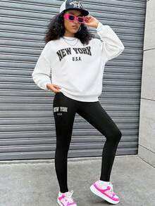 SHEIN Glowzi Teen Girl White Crew Neck Letter Print Graphic Loose Sweatshirt And Jogger Pants 2 Pieces Outfit - White - View 3