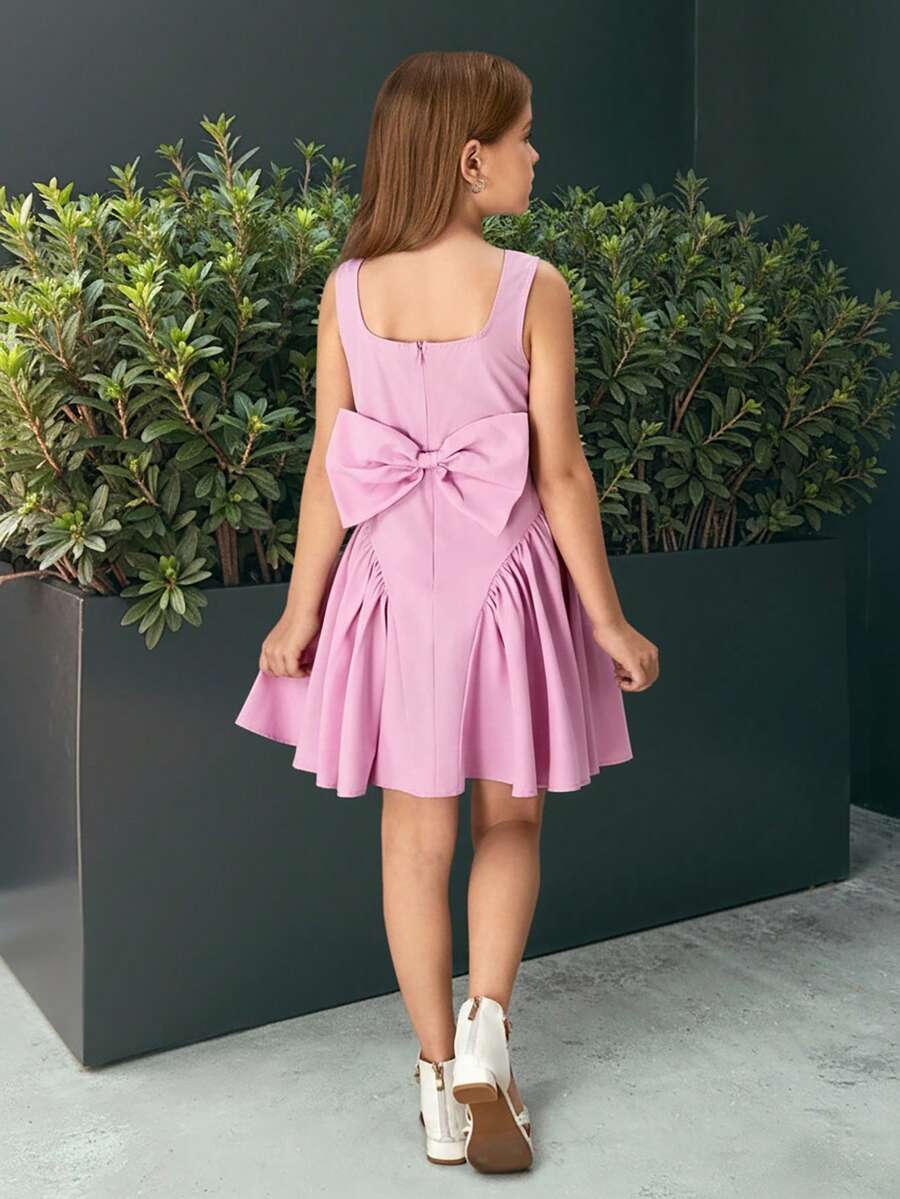 Firerie Kids Firerie Kids 少女背带蝴蝶结束腰休闲粉色连衣裙，适合日常穿着和外出 - 粉色 - 查看 1