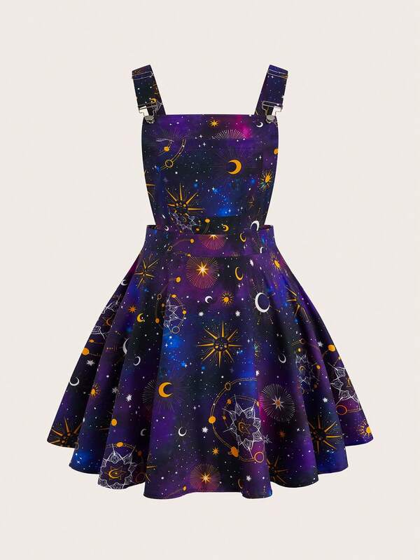 Sweetra Plus Size Women's Sun, Moon & Star Pattern Goth Style Versatile Commuting & Party Jumper Dress