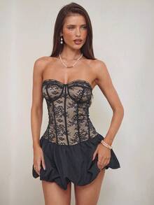 Aloruh Black Sexy Lace Bandeau Mini Dress - Black - View 3