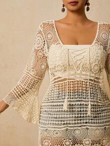 Travachic Plus Size Vintage Hollow-Out Knit Cover-Up, Early Spring Niche Design Sense Long Sleeve Sweet & Spicy Style Mid-Length Pullover Sweater, Summer For Women Beach For Women Vacations Women Holiday Sweater For Women Resort Wear Women Crochet Top - Apricot - View 4