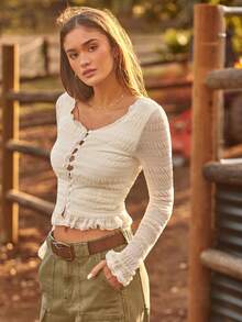 WESTFADE Áo lưới xếp nếp tay dài cổ tròn cài nút ren phía trước mùa đông, phong cách Boho, trang phục miền Tây, ngày lễ, giáng sinh, đêm giao thừa, năm mới, cô gái cao bồi Nashville, thường ngày, dễ thương - Màu be - Xem 2