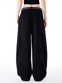 Bloopia Women's Casual Fashion Street Loose Fit Low Waist Rivet Decor Wide Leg Pants, Belt Not Included - Black - View 2