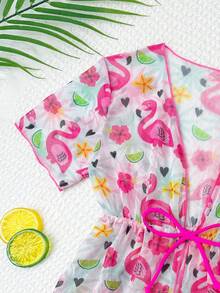 SHEIN 3件套女童泳衣套装，可爱卡通印花，时尚休闲优雅，适合游泳、度假、夏季保暖圣诞节节日新年情人节泳装罩衫3件套女童泳衣套装3件套比基尼套装粉色花朵比基尼粉色火烈鸟泳衣女童 - 彩色 - 查看 3