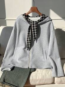 Comfortcana Women's Casual Commuting School Style Patchwork Plaid Knot Collar Zip-Up Hooded Fleece Sweatshirt, Warm For Autumn/Winter - Grey - View 3