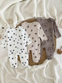 3 pezzi Tutina con piedi a maniche lunghe per neonati in beige, caffè, caffè scuro, in tessuto morbido e traspirante, comoda per tutte le stagioni, ottimo anche come regalo per il bambino - Multicolore - Visualizzare 2