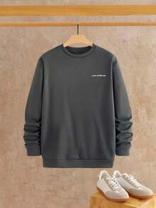 HIMLAND Loose Men's Dropping Shoulder Letter Printed Crew Neck Sweatshirt, For Fall, Winter - Dark Grey - View 1