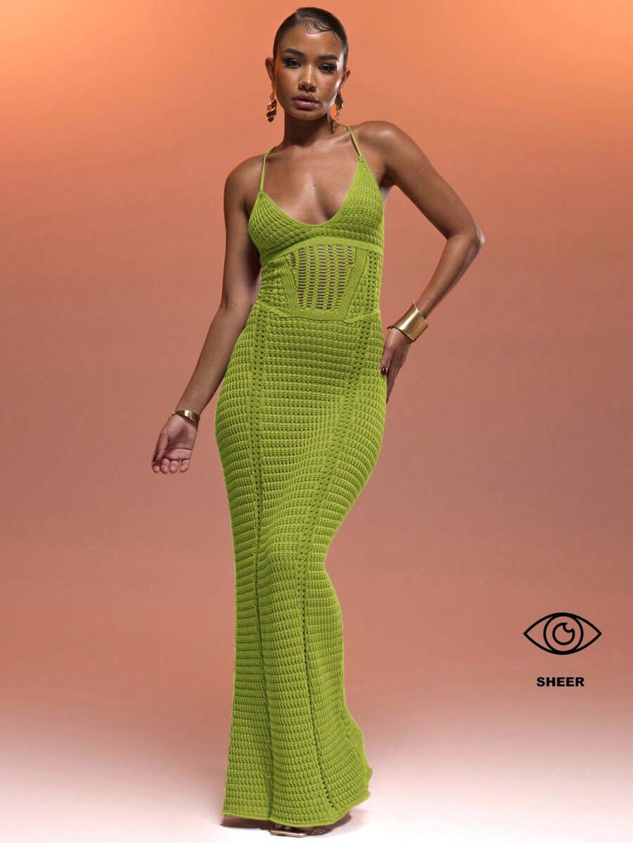 MUSERA 钩针编织露背吊带束身胸衣拼接系带长裙，夏季度假性感伊比沙岛风情，适合春季海滩度假、秋季夜晚外出、秋冬季约会之夜，时尚毛衣 - 橄欖綠 - 查看 1