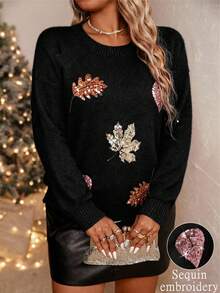 EMERY ROSE Plus Size Women Solid Color Knitted Round Neck Maple Leaf Sequin Embroidery Long Sleeve Regular Elegant Pullover Sweater, Autumn/Winter - Black - View 1