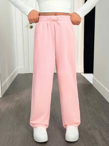 SHEIN Tween Girls Loose Fit Drawstring Waist Casual Everyday Fashionable Sweatpants - Baby Pink - View 3