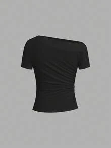 Ellevyn 不对称褶皱肩部镂空短袖针织纯色T恤，优雅女款，春夏款 - 酒紅色 - 查看 7