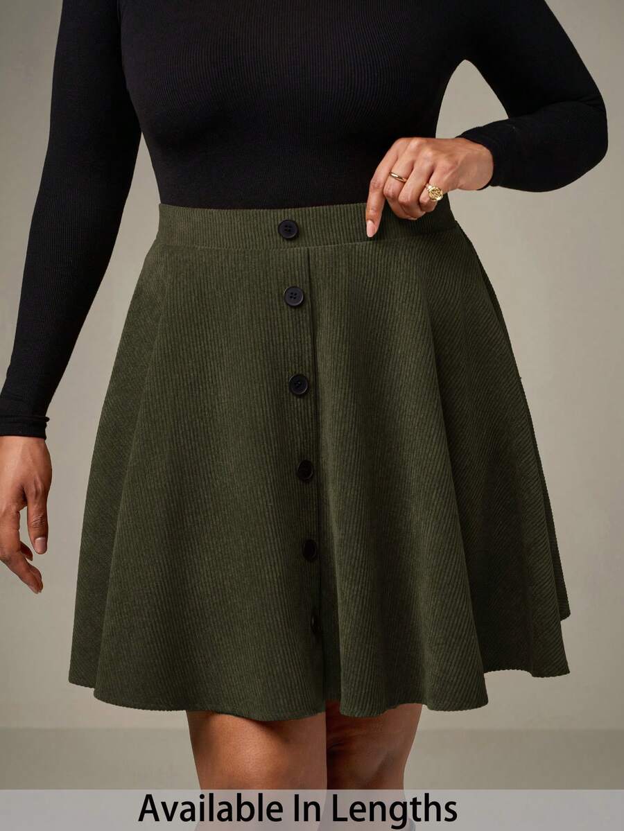 SHEIN Tall CURVE 大码纯色前扣简约A字裙，休闲日常穿着 - 軍綠色 - 查看 1