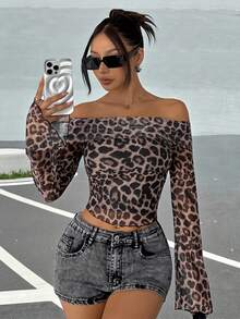 SHEIN EZwear Women's Leopard Print Mesh Off Shoulder Flare Sleeve Cropped Top - Multicolor - View 3