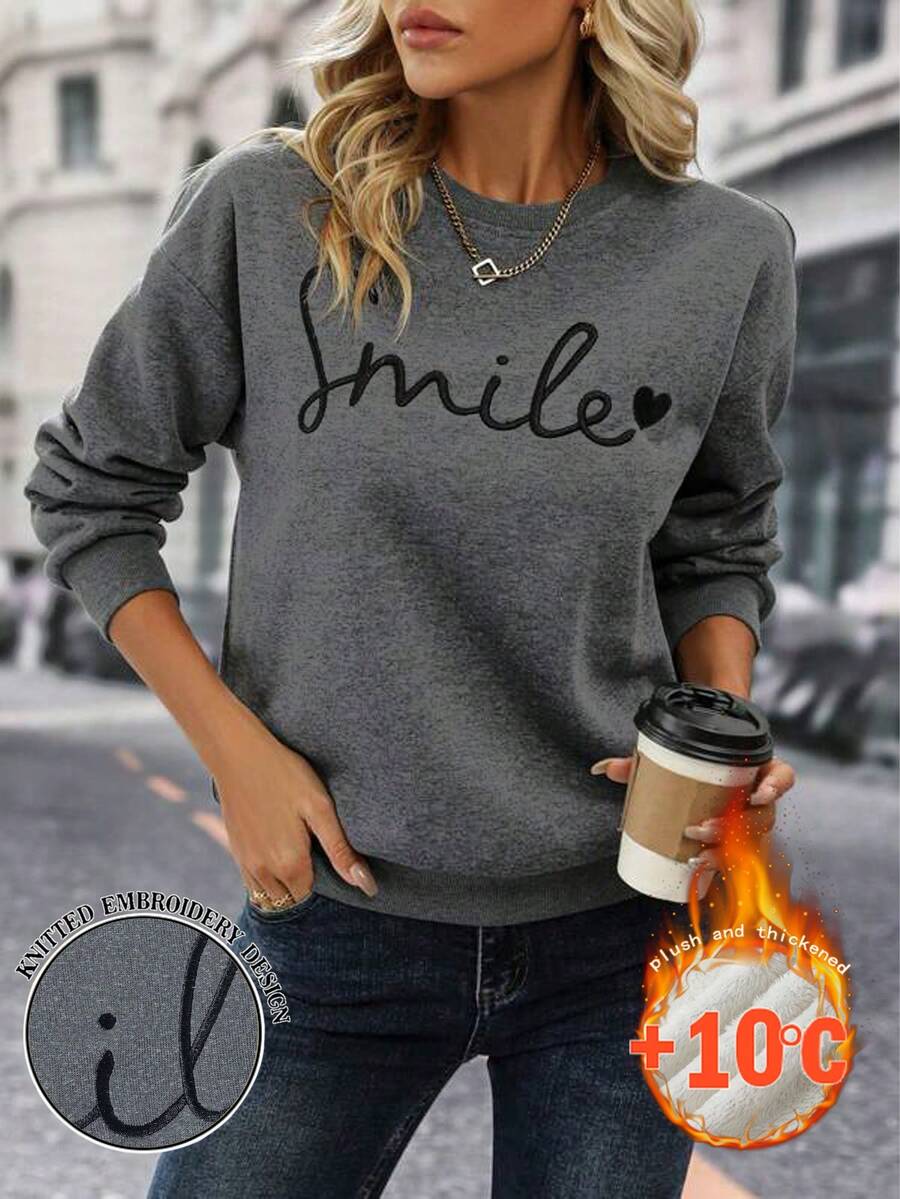 EMERY ROSE 女士休闲圆领卫衣，加厚保暖内衬冬季外套，英文字母印花设计，长袖，适合雪天、户外活动、购物、运动、日常穿着 - 深灰色 - 查看 1