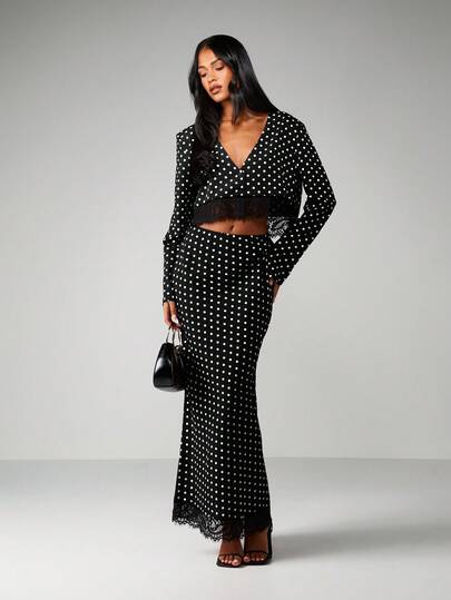 MISSGUIDED Polka Dot Two Piece Coordinating Set With Lace Trim Button Front Top And High Waist Maxi Skirt