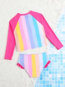 SHEIN 2件套少女彩色竖条纹弹力速干舒适针织面料沙滩装套装，适合海滩、泳池、海边、冲浪、度假、夏季、旅行 - 玫紅色 - 查看 2