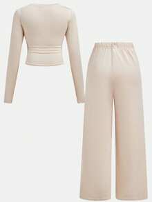 SHEIN Tween Girls Versatile Butterfly Pattern Long Sleeve Top And Long Pants 2 Pieces Set, Apricot - Apricot - View 3