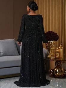 Lunelith SHEIN Lunessa Women's Black Foil Polka Dot Deep V Mesh Long Sleeve Split Dress - Black - View 2