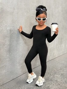 Mono básico de deporte casual de cuello redondo para niña joven - Negro - Ver 4