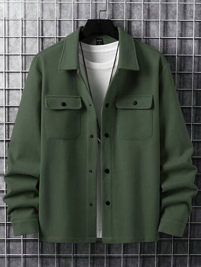 Manfinity Homme Men Long Sleeve Button Front Flap Pocket Overcoat , Fall Winter