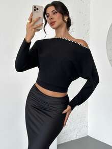 Firerie Women's Elegant Minimalist Delicate Romantic Date Daily Versatile New Arrival Popular New Year Valentine's Day Spring Pearl Shoulder Long Sleeve Loose Black Knit Sweater,Sweaters For Women - Black - View 6