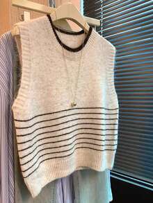 SHEIN Franclia 新款休闲宽松简约条纹撞色女式毛衣背心套头衫，秋冬款 - 棕色 - 查看 6