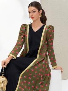 Al Najma Women's Turkish Maxi Dress & Arabic Traditional Abaya Kaftan Jalabiya Dress; Summer Dresses;Black And Green Dress;Udan Rose Print Dress - Green - View 1