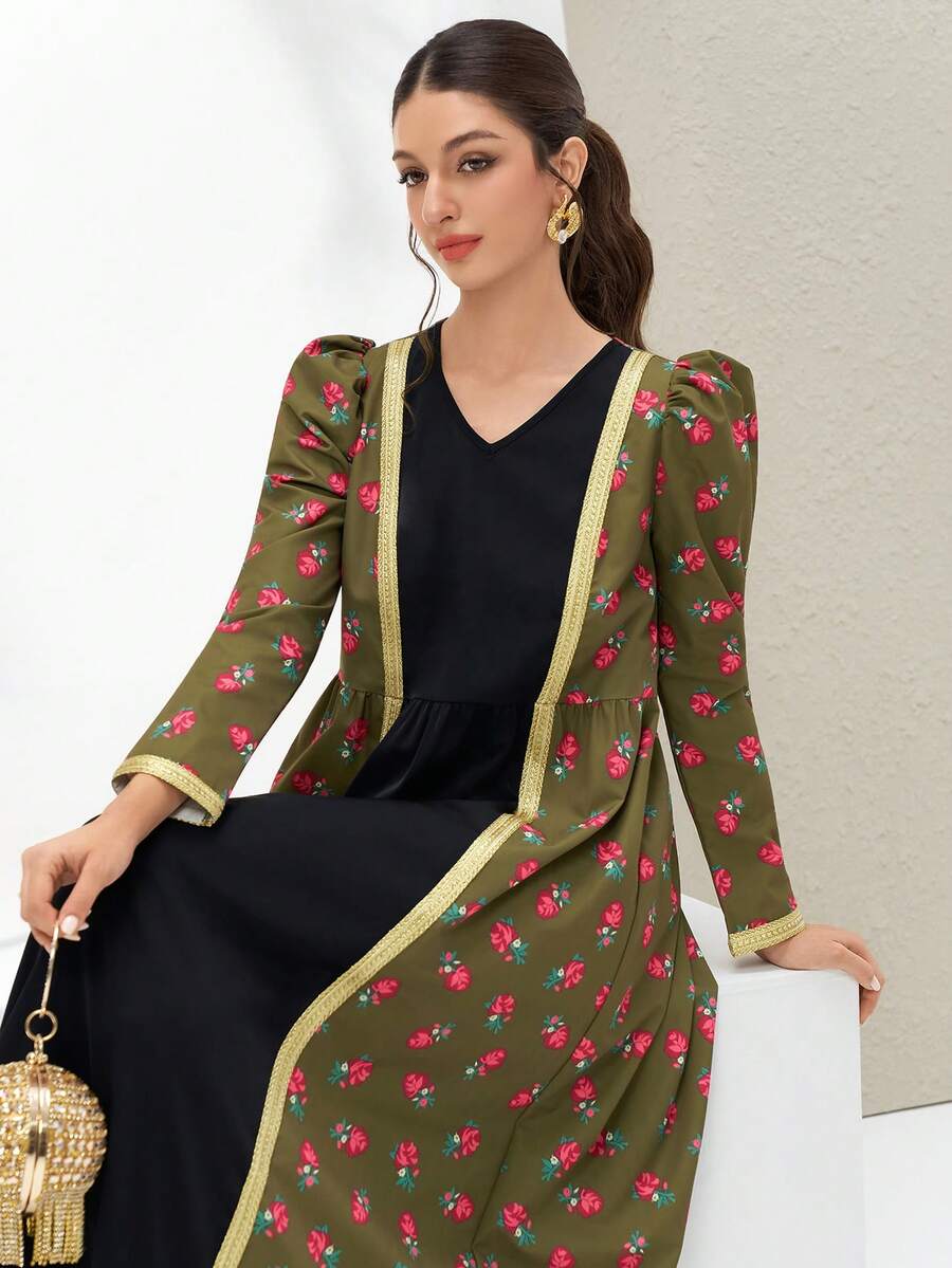 Al Najma Women's Turkish Maxi Dress & Arabic Traditional Abaya Kaftan Jalabiya Dress; Summer Dresses;Black And Green Dress;Udan Rose Print Dress - Green - View 1