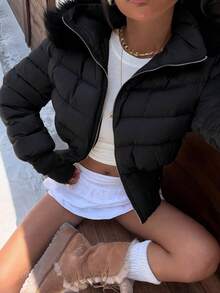 Muchica 女士休闲日常通勤工作服多功能纯色拉链前襟拼接仿毛皮连帽宽下摆绗缝外套，秋冬款 - 黑色 - 查看 6