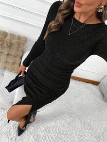SHEIN Clasi Women's Solid Color Round Neck Long Sleeve Side Slit Ruched Hem Fitted Mid-Length Dress - Black - View 4