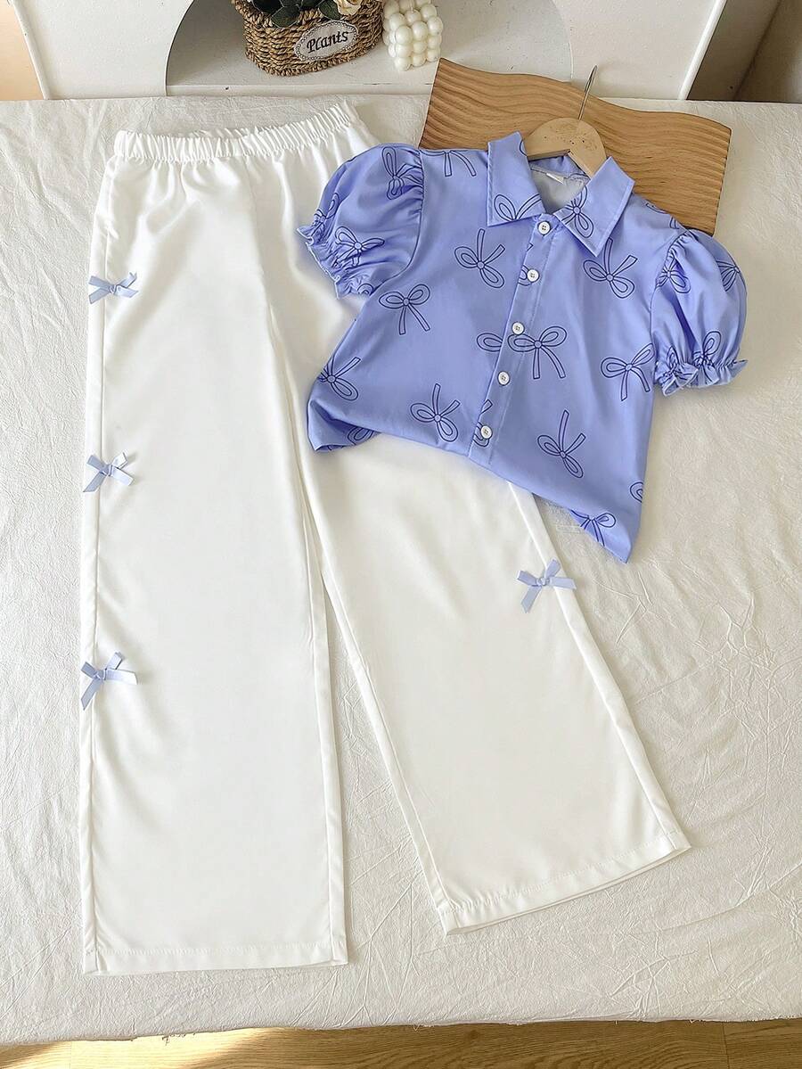 SHEIN Conjunto de 2 peças para meninas: blusa branca com mangas bufantes e laço colorido + calça pantalona roxa, ideal para o dia a dia e para as férias. Perfeito para o verão. - Azul e branco - Ver 1