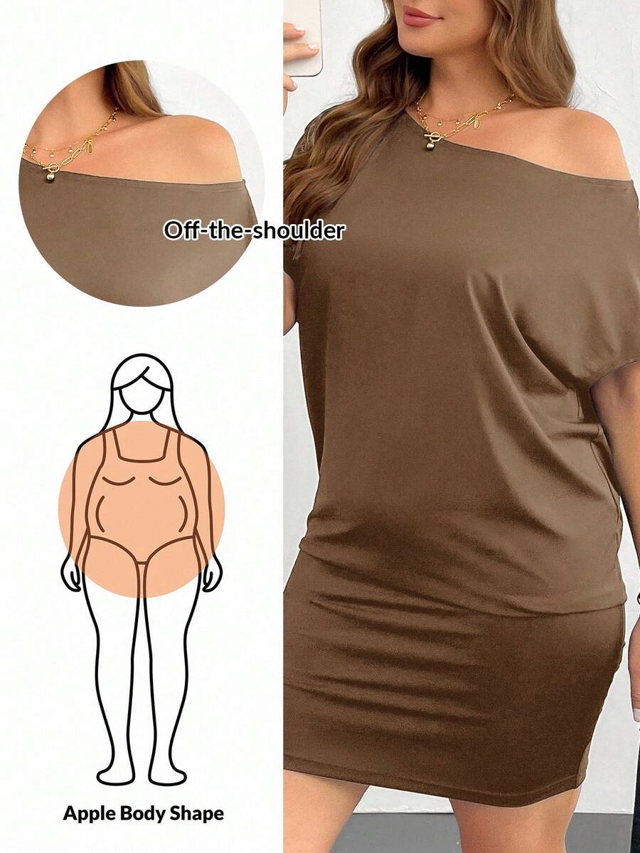 SHEIN Essnce Váy mùa hè cỡ lớn dành cho nữ. Váy đen thường ngày, Váy trễ vai, Váy một vai Váy mùa hè dành cho nữ Váy thường ngày Váy trễ vai, Váy ngắn màu đen Váy đi chơi - Cà phê nâu - Xem 1