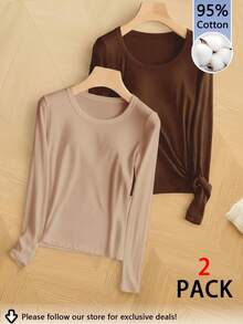 Tseoso 2pcs Women's Brown Khaki 95% Cotton Crew Neck Casual Fitted Long Sleeve T-Shirt Set, Suitable For Autumn/Winter - Multicolor - View 11