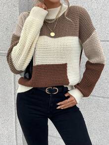 EMERY ROSE Women's Contrast Color Drop Shoulder Long Sleeve Casual Loose Pullover Sweater, Autumn/Winter - Multicolor - View 4